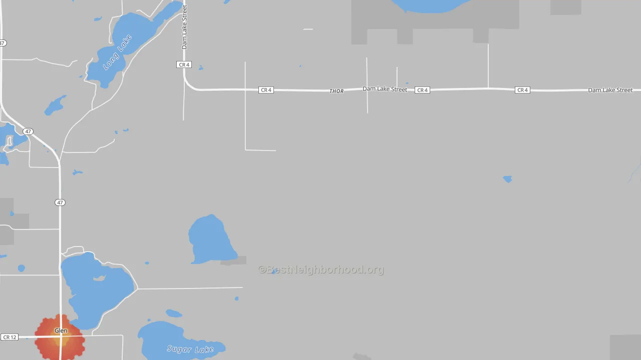 Walk Grade map of Thor, MN, walkable areas in green and car-dependent areas in red