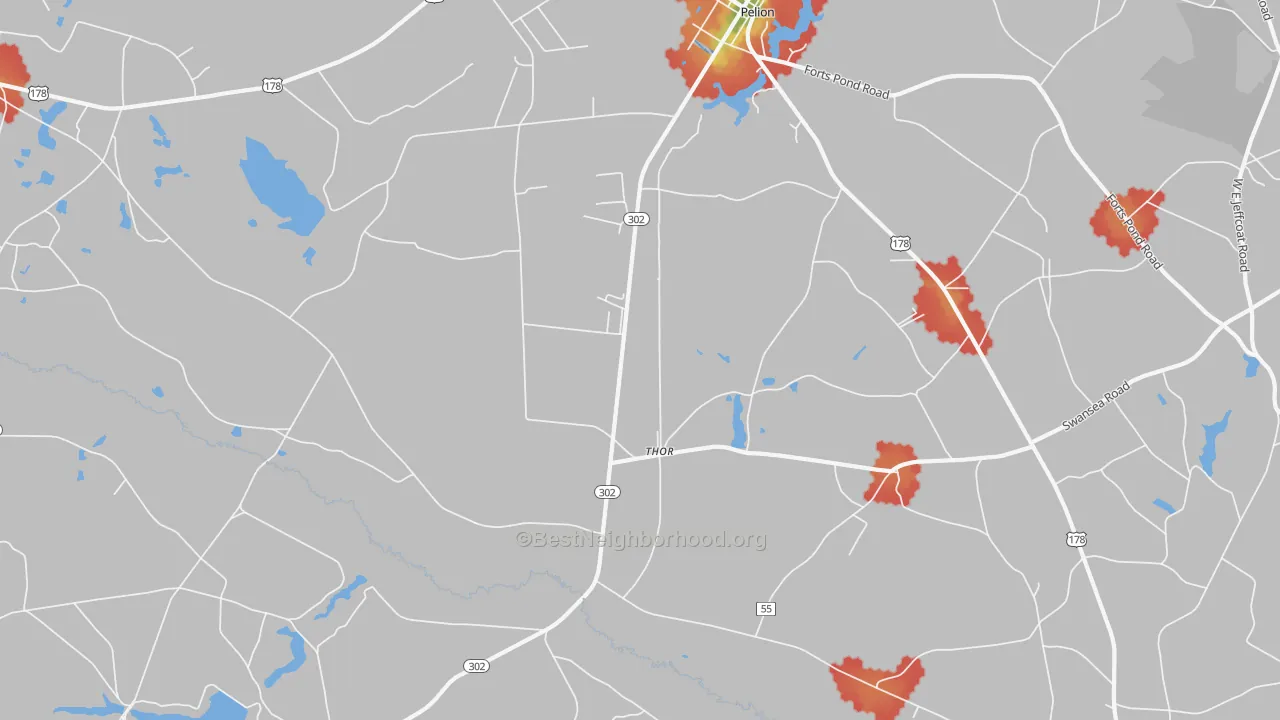 Walk Grade map of Thor, SC, walkable areas in green and car-dependent areas in red