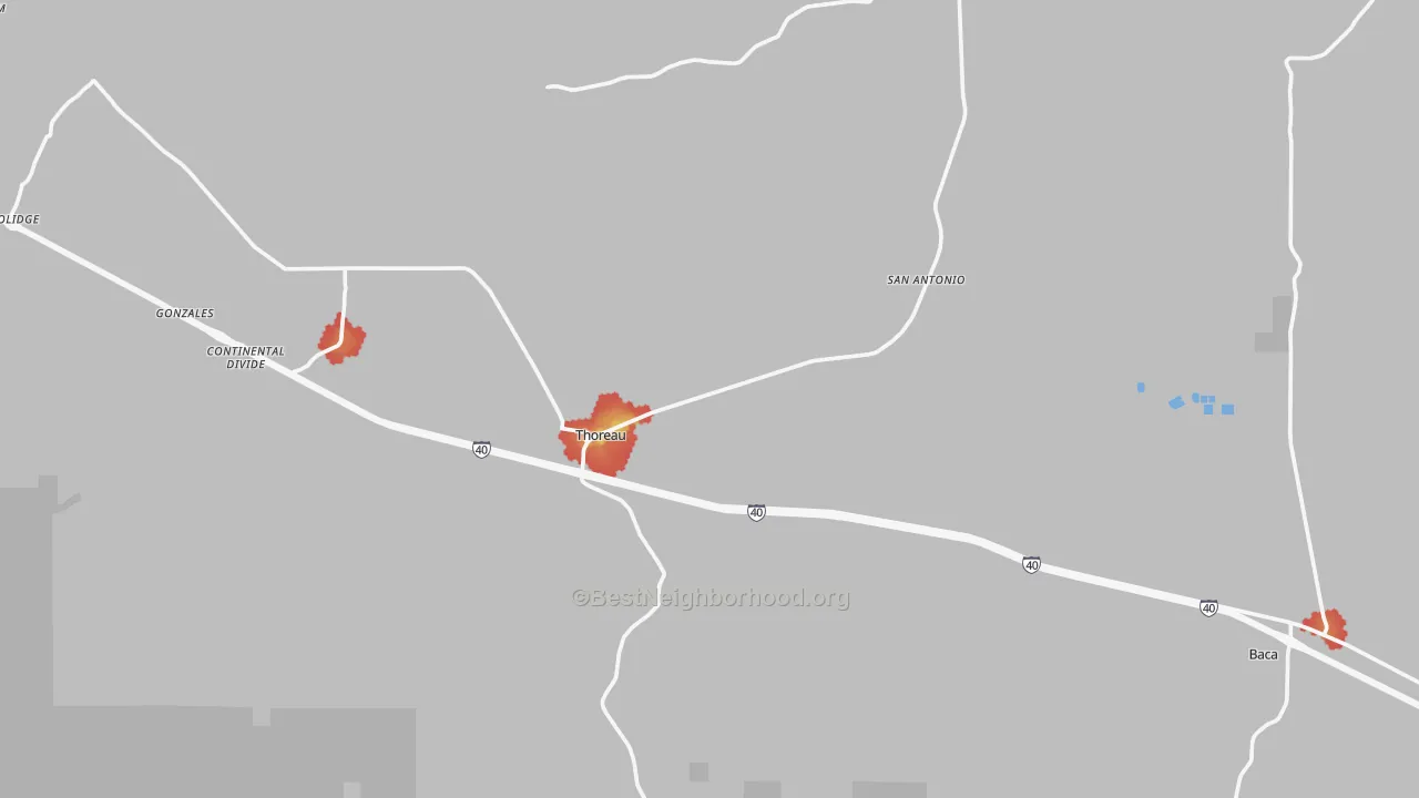 Walk Grade map of Thoreau, NM, walkable areas in green and car-dependent areas in red
