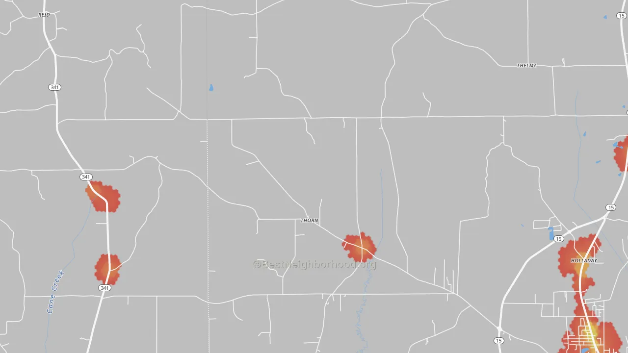 Walk Grade map of Thorn, MS, walkable areas in green and car-dependent areas in red