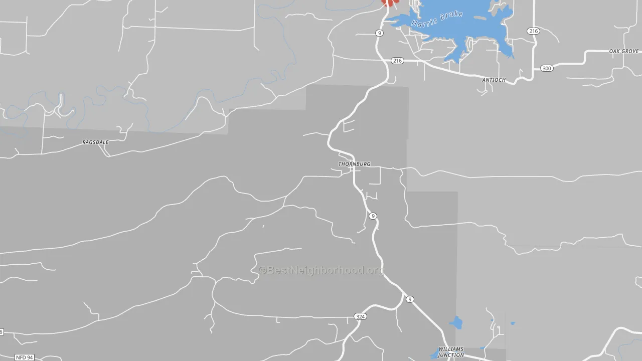 Walk Grade map of Thornburg, AR, walkable areas in green and car-dependent areas in red