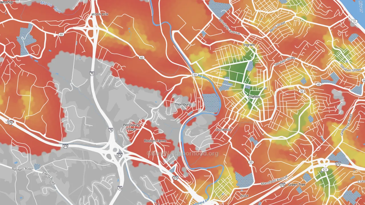 Walk Grade map of Thornburg, PA, walkable areas in green and car-dependent areas in red