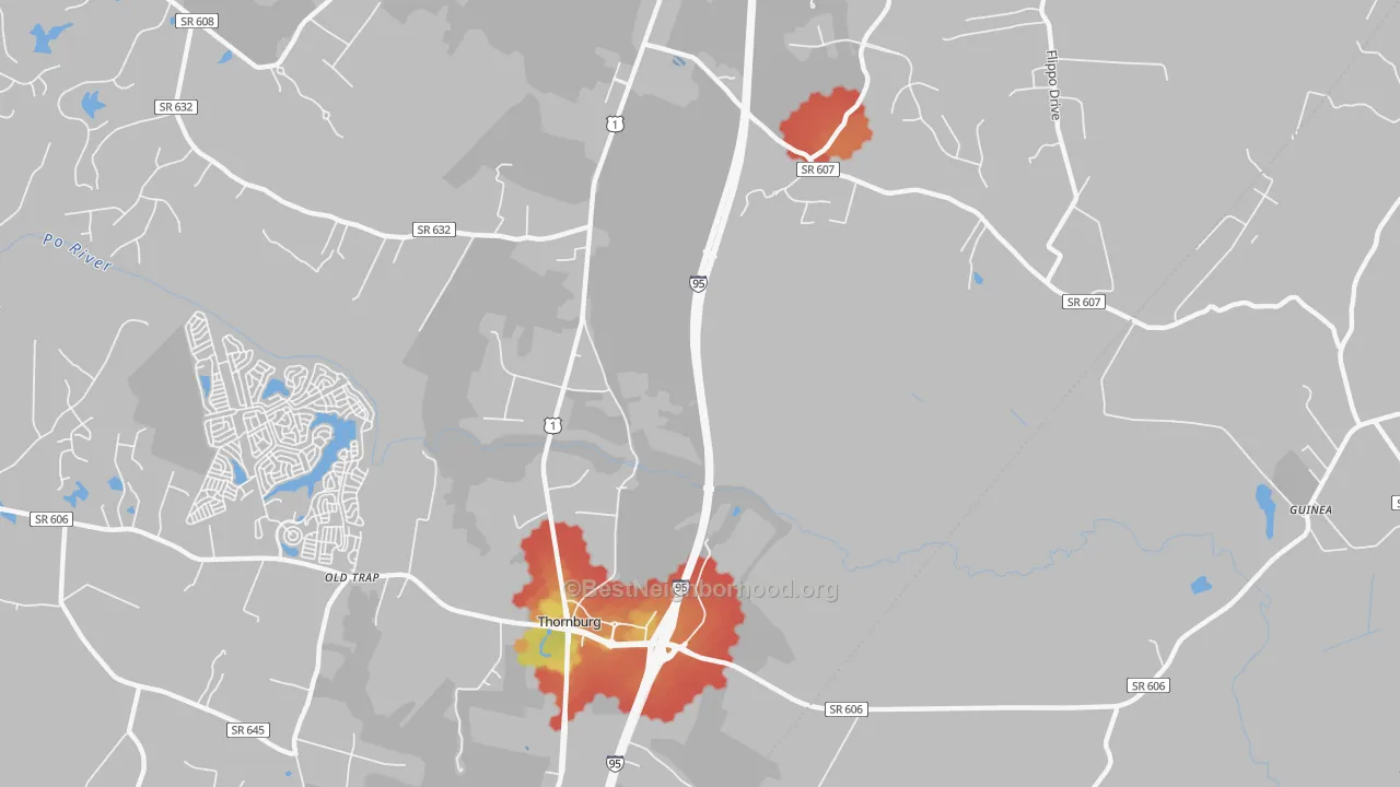 Walk Grade map of Thornburg, VA, walkable areas in green and car-dependent areas in red
