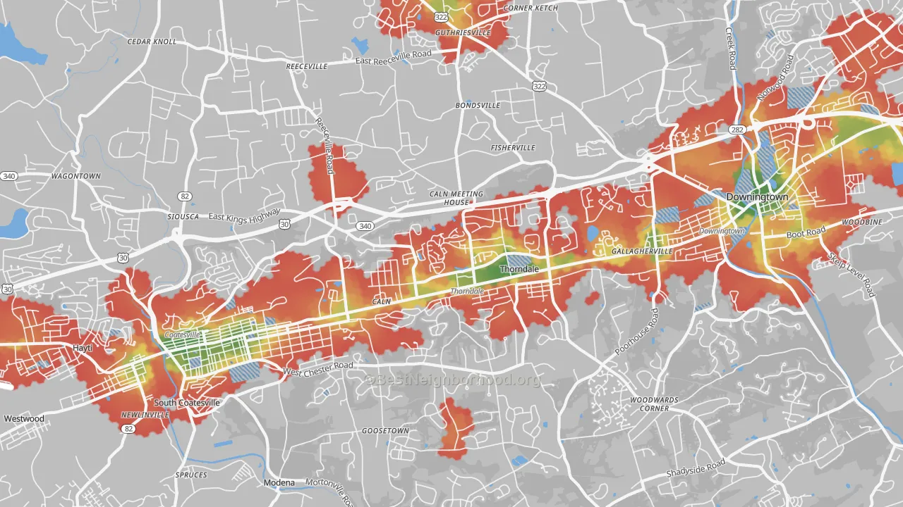 Walk Grade map of Thorndale, PA, walkable areas in green and car-dependent areas in red