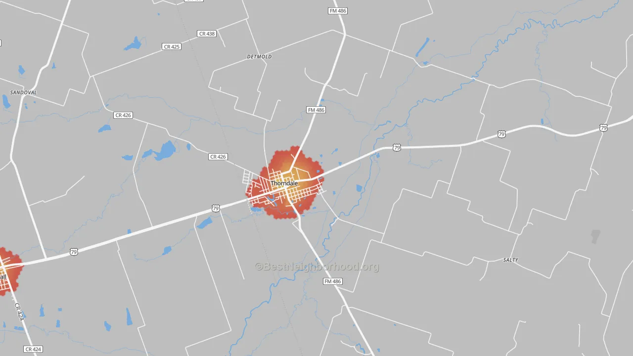 Walk Grade map of Thorndale, TX, walkable areas in green and car-dependent areas in red
