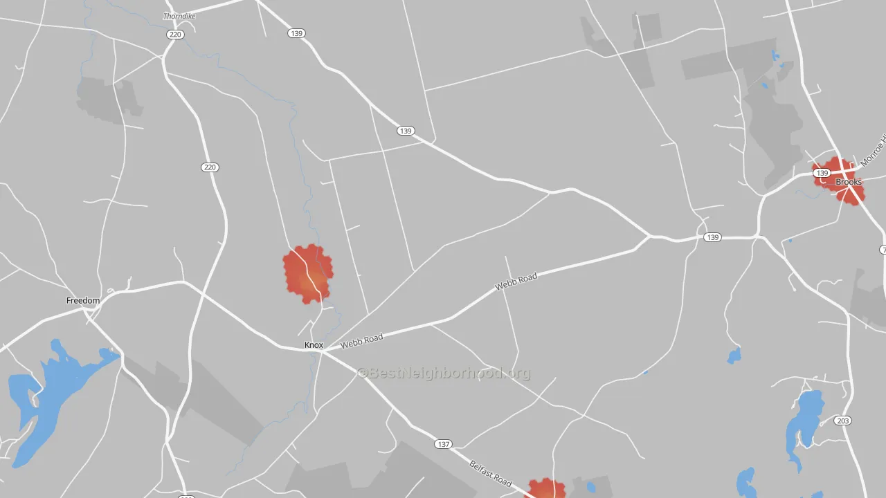 Walk Grade map of Thorndike, ME, walkable areas in green and car-dependent areas in red