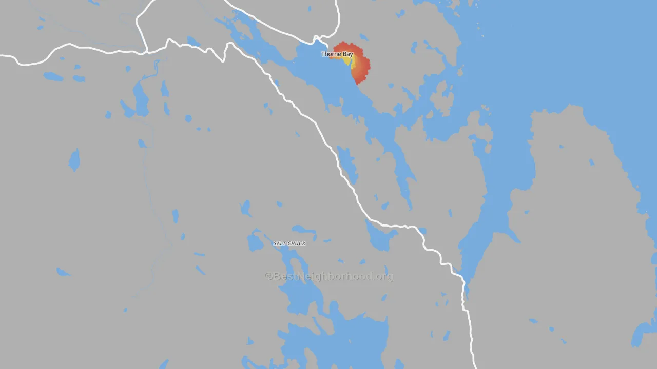 Walk Grade map of Thorne Bay, AK, walkable areas in green and car-dependent areas in red