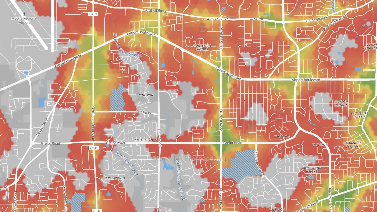 Walk Grade map of Thornhill, Mobile, AL, walkable areas in green and car-dependent areas in red