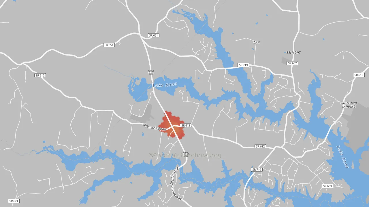 Walk Grade map of Thornhill, VA, walkable areas in green and car-dependent areas in red