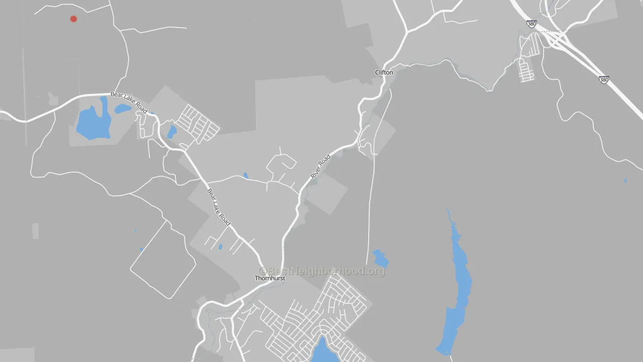 Walk Grade map of Thornhurst, PA, walkable areas in green and car-dependent areas in red