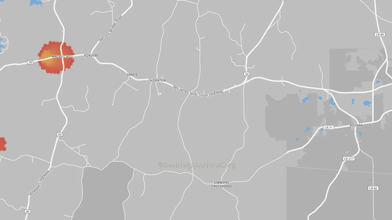 Walk Grade map of Thornton, AL, walkable areas in green and car-dependent areas in red