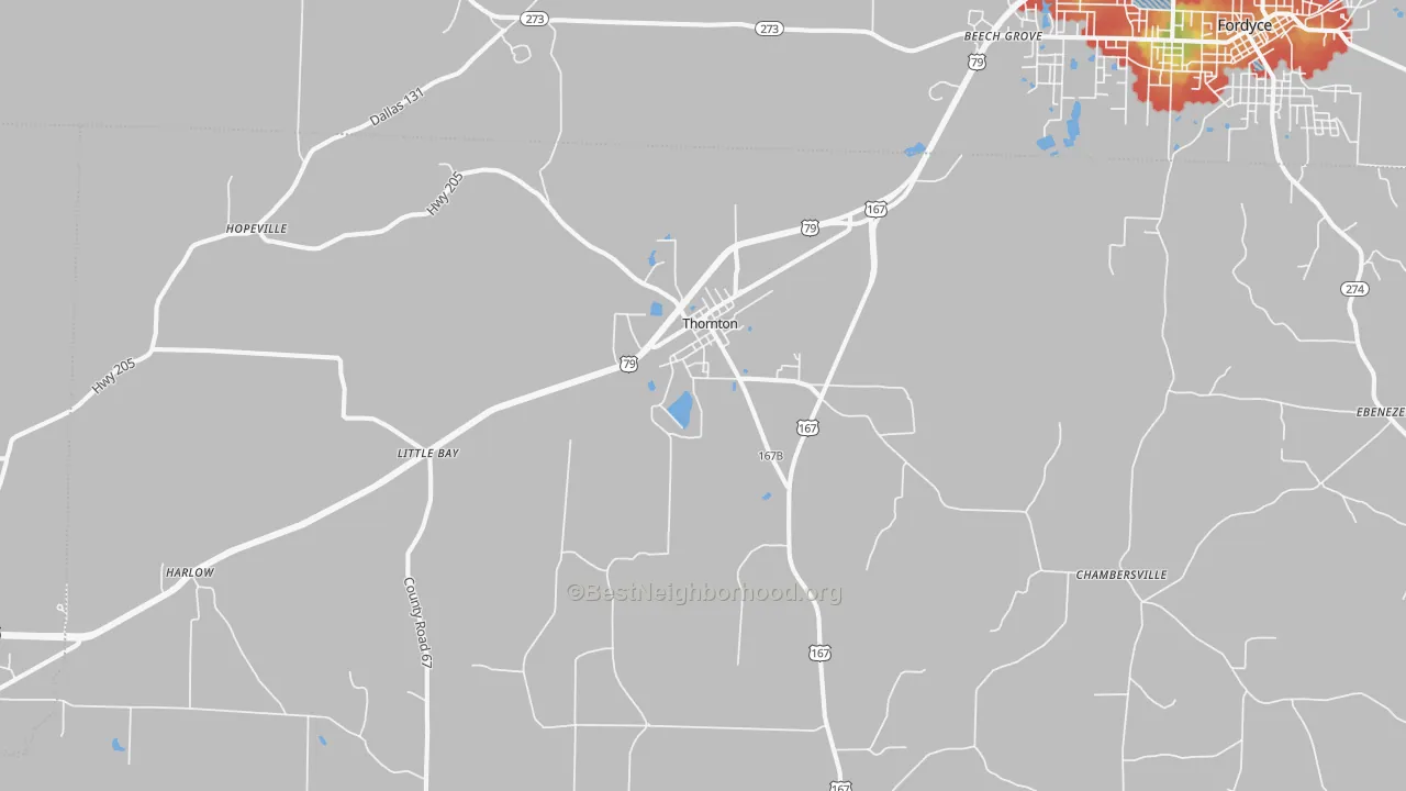 Walk Grade map of Thornton, AR, walkable areas in green and car-dependent areas in red