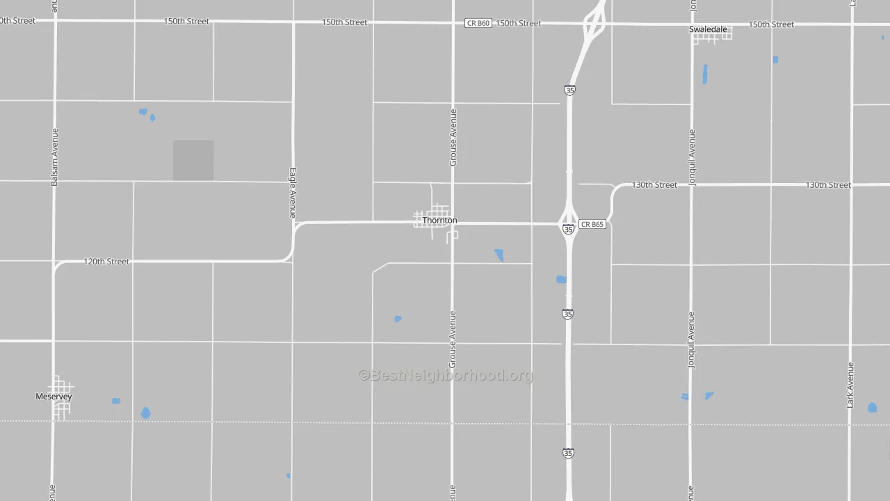 Walk Grade map of Thornton, IA, walkable areas in green and car-dependent areas in red