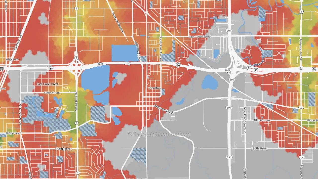 Walk Grade map of Thornton, IL, walkable areas in green and car-dependent areas in red