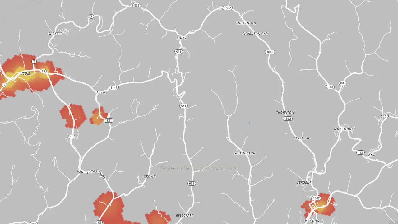 Walk Grade map of Thornton, KY, walkable areas in green and car-dependent areas in red