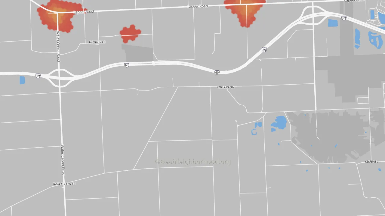 Walk Grade map of Thornton, MI, walkable areas in green and car-dependent areas in red