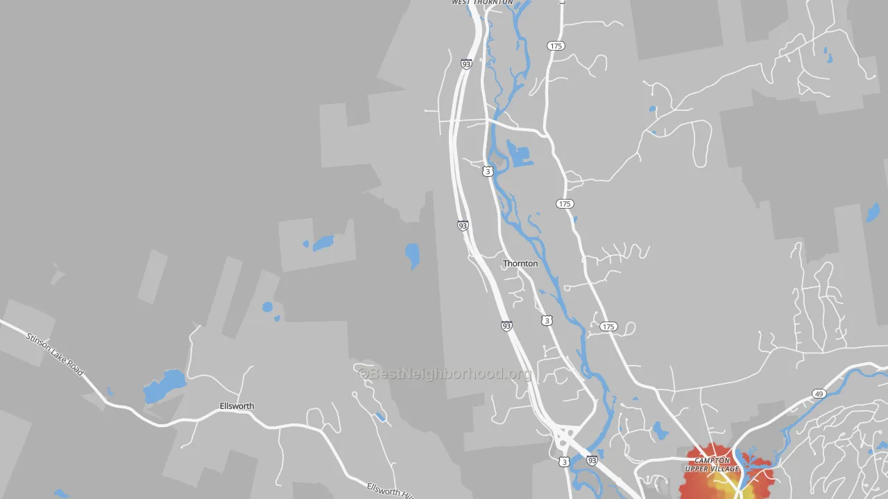 Walk Grade map of Thornton, NH, walkable areas in green and car-dependent areas in red