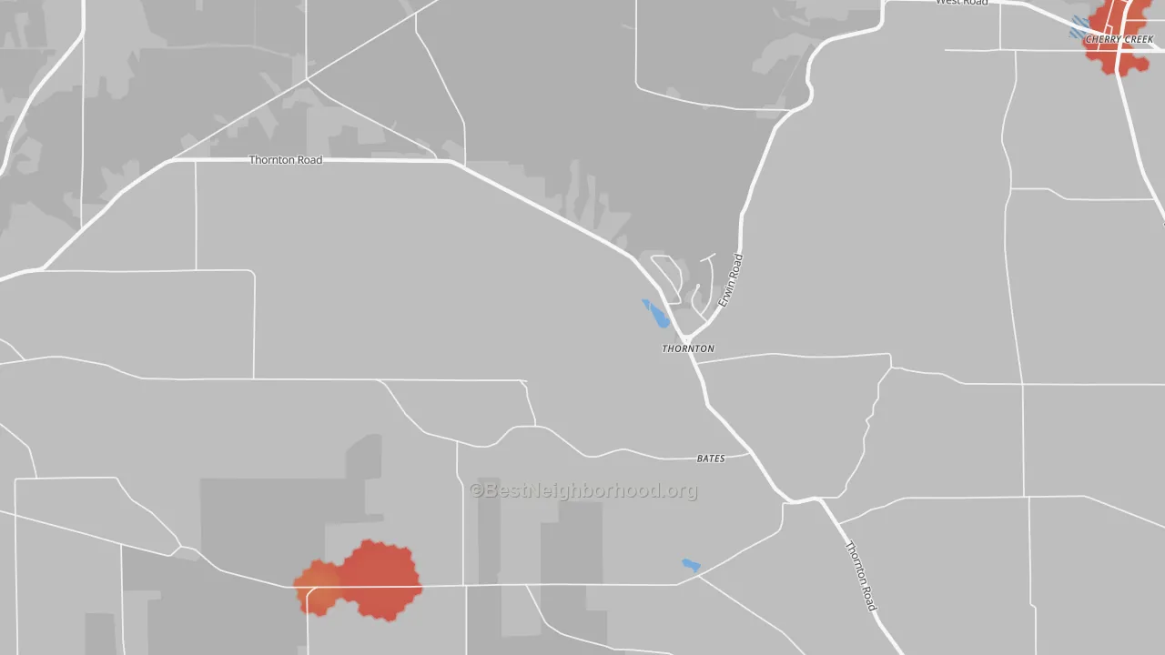 Walk Grade map of Thornton, NY, walkable areas in green and car-dependent areas in red