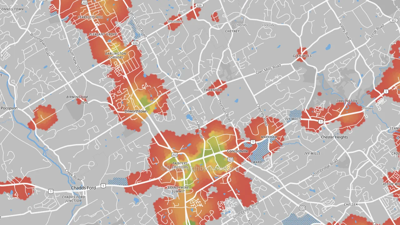 Walk Grade map of Thornton, PA, walkable areas in green and car-dependent areas in red
