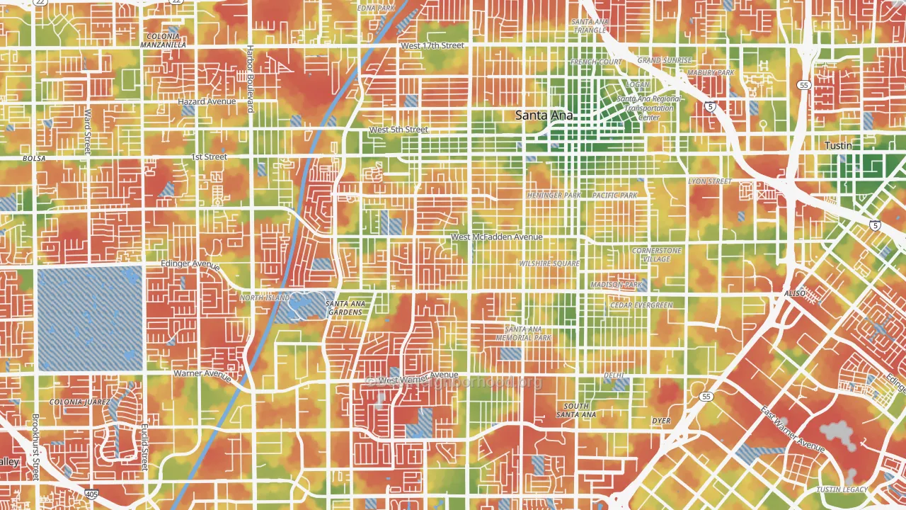 Walk Grade map of Thornton Park, Santa Ana, CA, walkable areas in green and car-dependent areas in red
