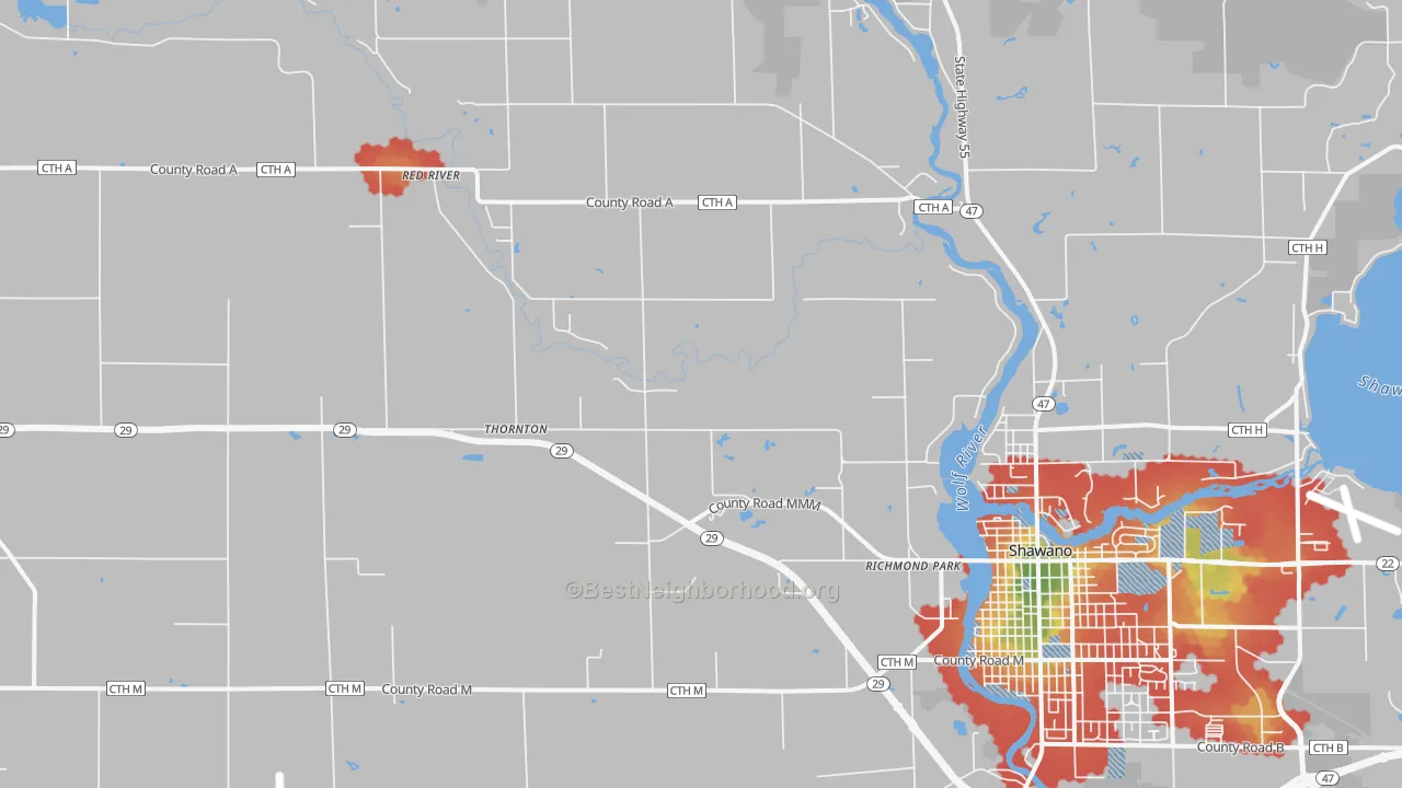 Walk Grade map of Thornton, WI, walkable areas in green and car-dependent areas in red