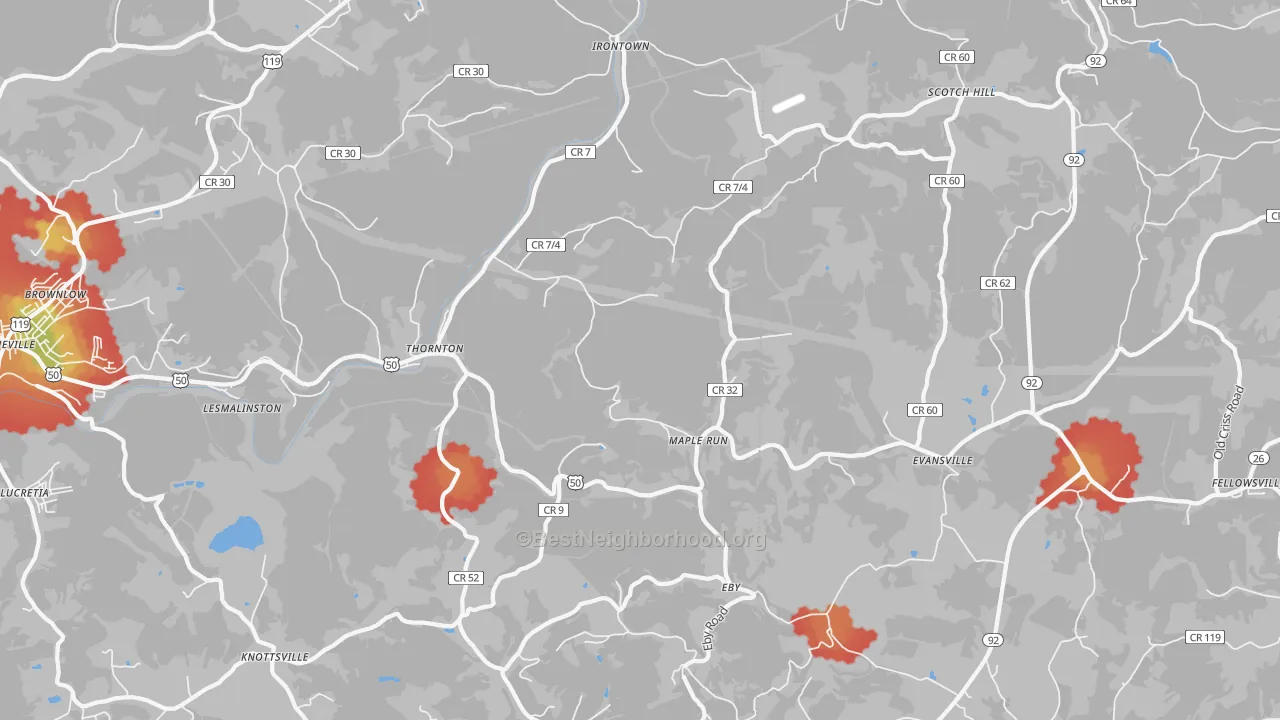 Walk Grade map of Thornton, WV, walkable areas in green and car-dependent areas in red