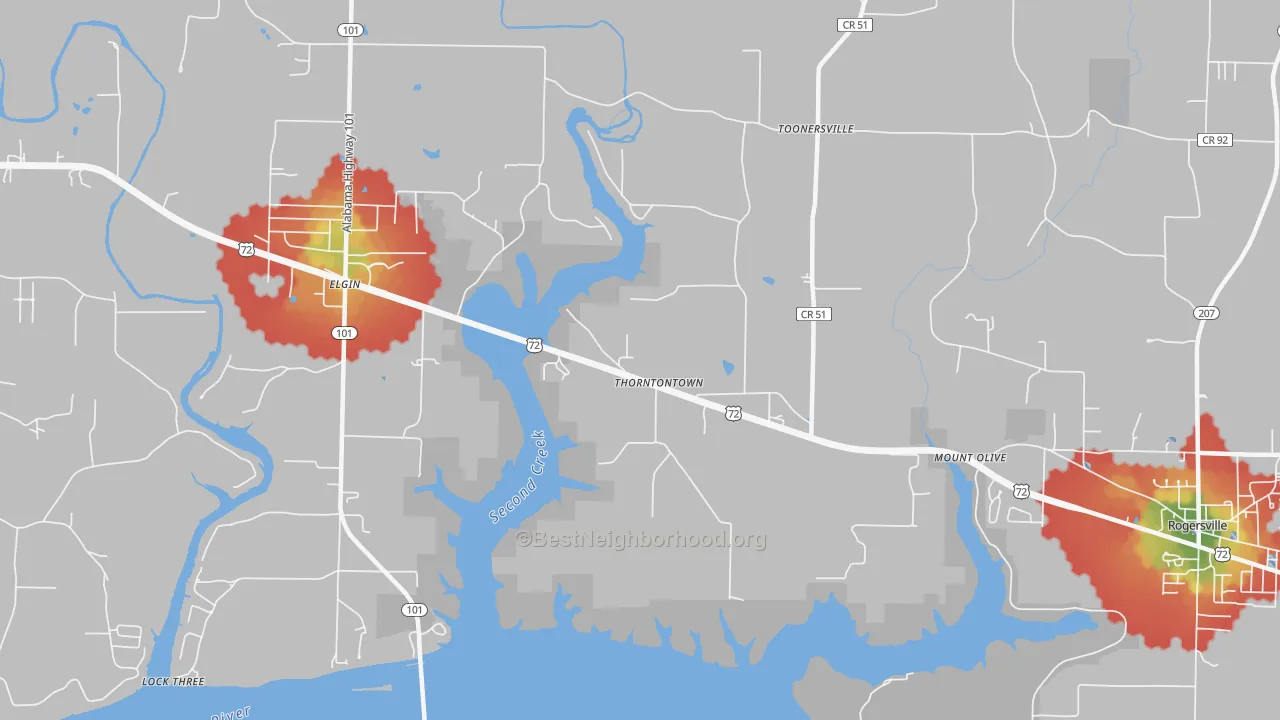 Walk Grade map of Thorntontown, AL, walkable areas in green and car-dependent areas in red