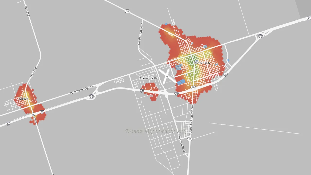 Walk Grade map of Thorntonville, TX, walkable areas in green and car-dependent areas in red