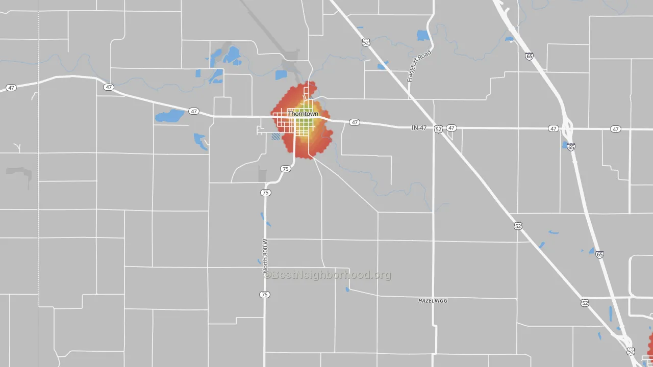 Walk Grade map of Thorntown, IN, walkable areas in green and car-dependent areas in red
