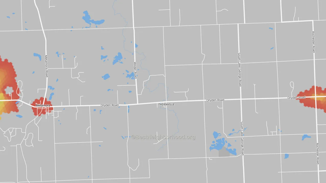 Walk Grade map of Thornville, MI, walkable areas in green and car-dependent areas in red