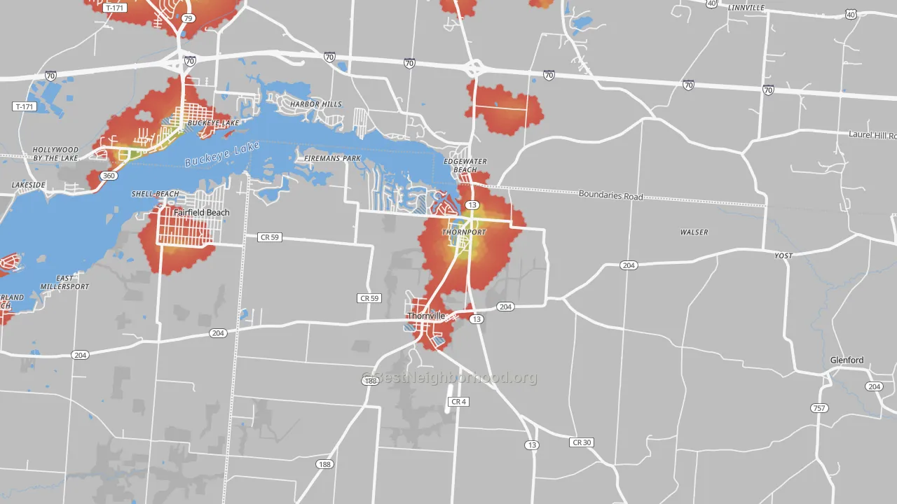 Walk Grade map of Thornville, OH, walkable areas in green and car-dependent areas in red