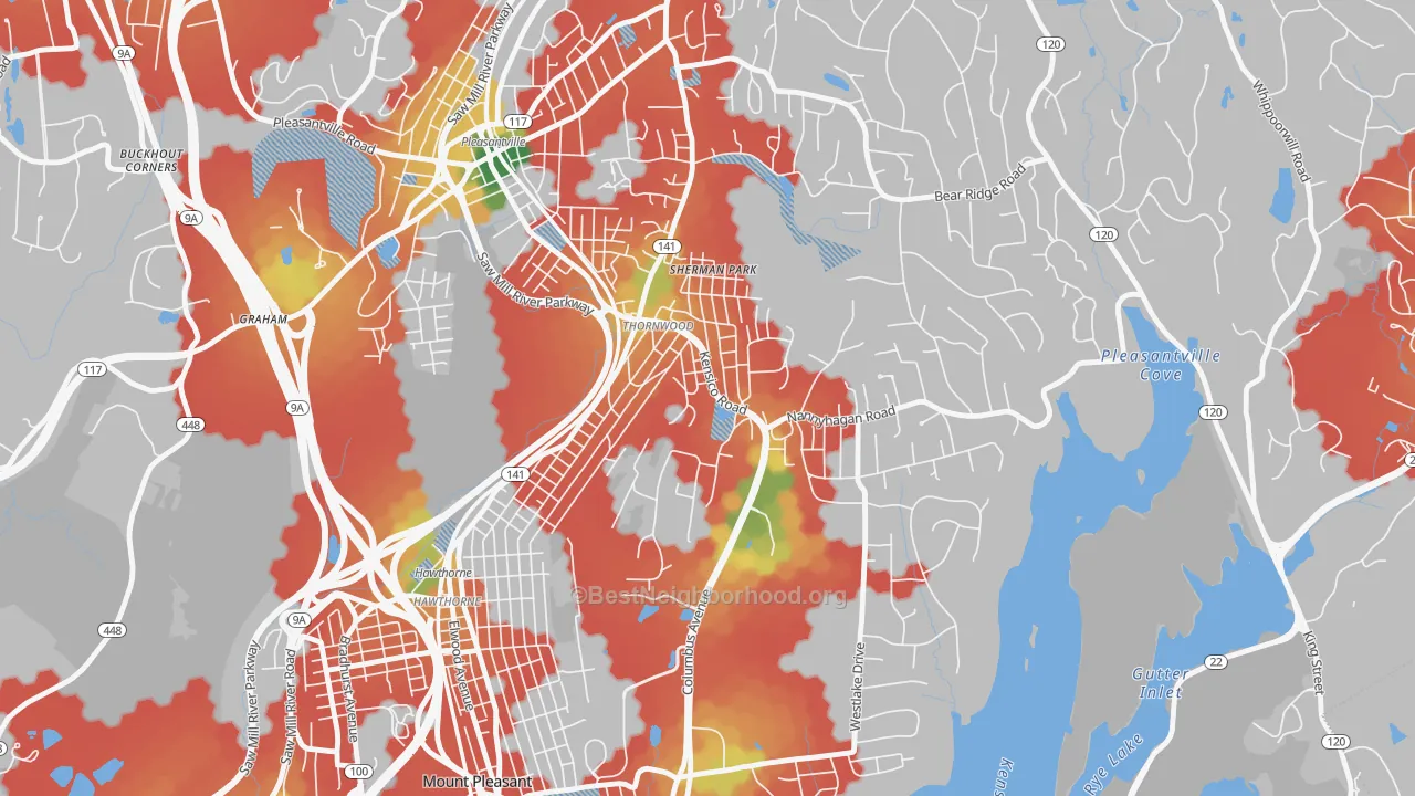 Walk Grade map of Thornwood, NY, walkable areas in green and car-dependent areas in red