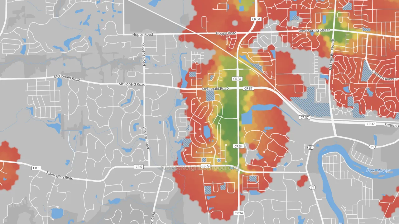 Walk Grade map of Thornwood, South Elgin, IL, walkable areas in green and car-dependent areas in red