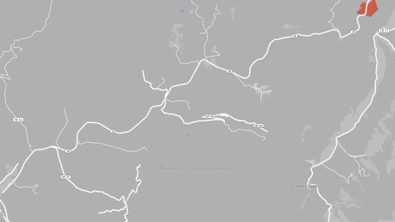 Walk Grade map of Thornwood, WV, walkable areas in green and car-dependent areas in red