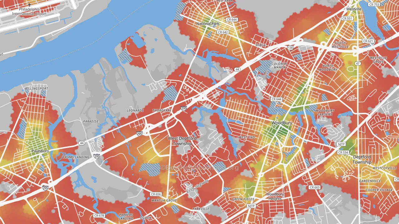 Walk Grade map of Thorofare, NJ, walkable areas in green and car-dependent areas in red