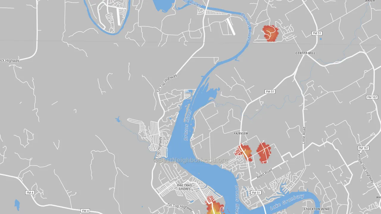 Walk Grade map of Thorp Spring, TX, walkable areas in green and car-dependent areas in red