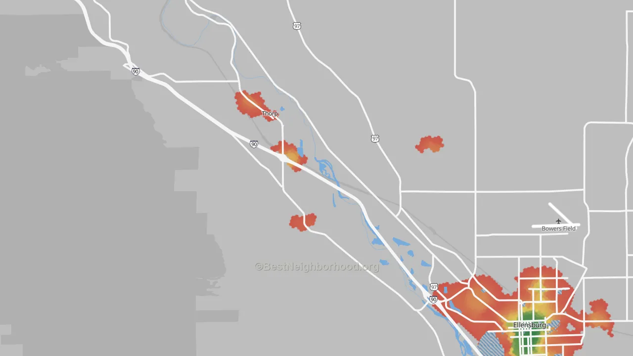 Walk Grade map of Thorp, WA, walkable areas in green and car-dependent areas in red