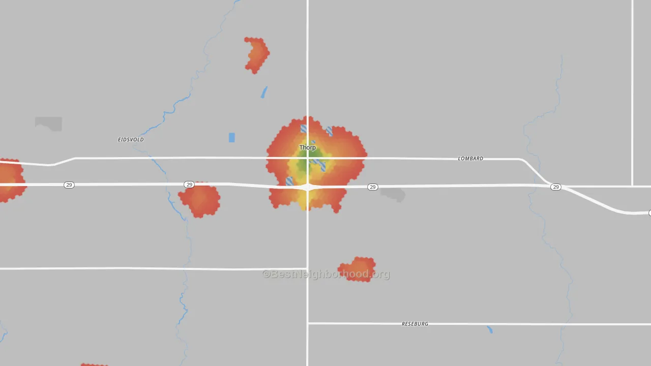 Walk Grade map of Thorp, WI, walkable areas in green and car-dependent areas in red