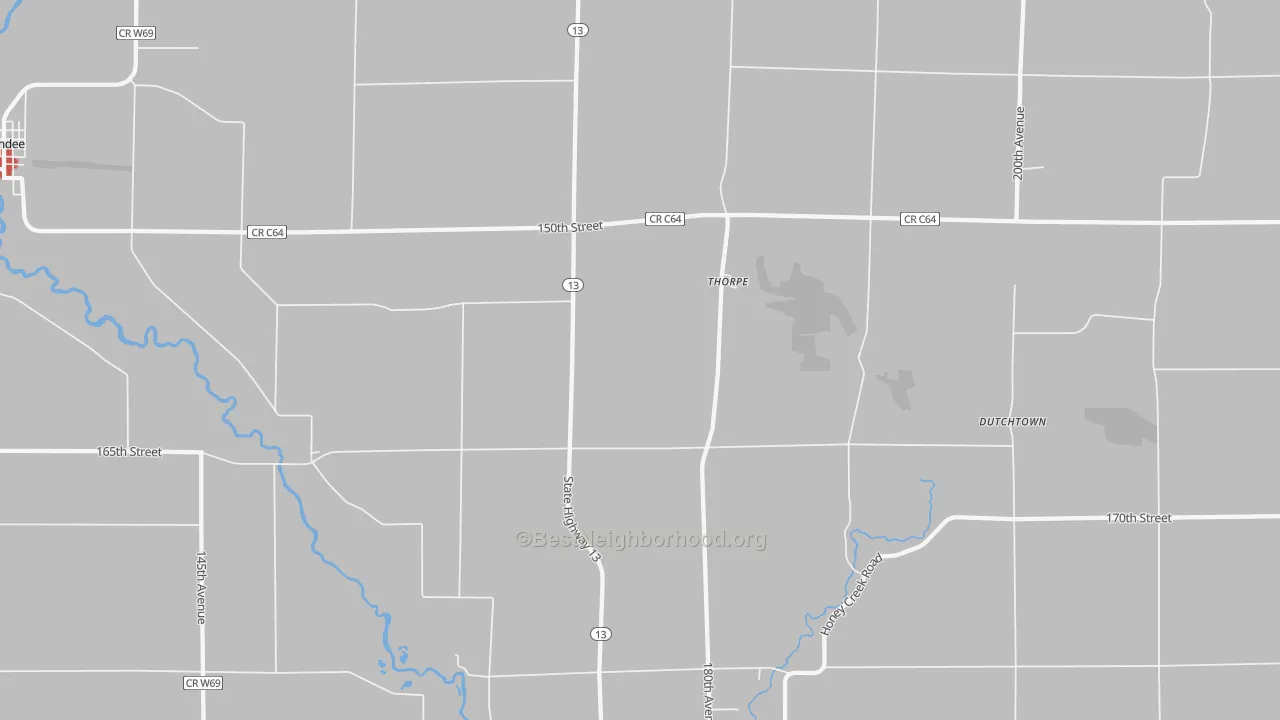 Walk Grade map of Thorpe, IA, walkable areas in green and car-dependent areas in red