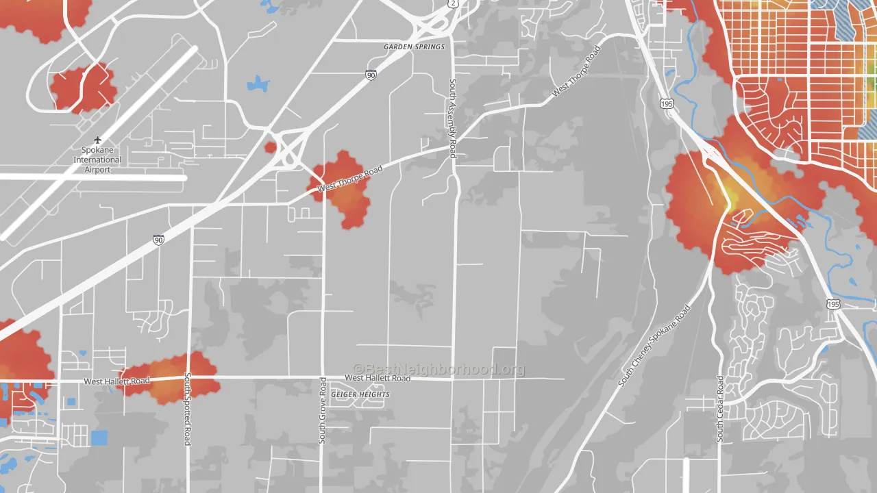 Walk Grade map of Thorpe Westwood, Spokane, WA, walkable areas in green and car-dependent areas in red
