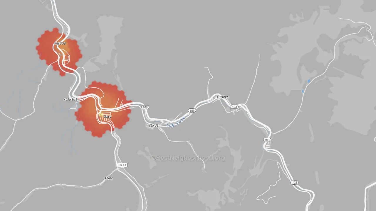 Walk Grade map of Thorpe, WV, walkable areas in green and car-dependent areas in red