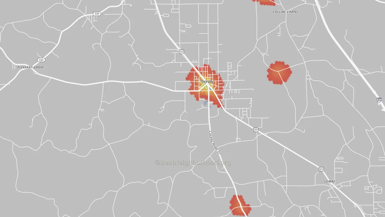 Walk Grade map of Thorsby, AL, walkable areas in green and car-dependent areas in red