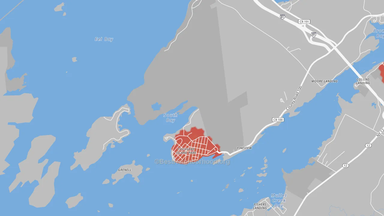Walk Grade map of Thousand Island Park, NY, walkable areas in green and car-dependent areas in red