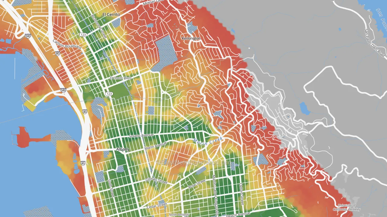 Walk Grade map of Thousand Oaks, Berkeley, CA, walkable areas in green and car-dependent areas in red