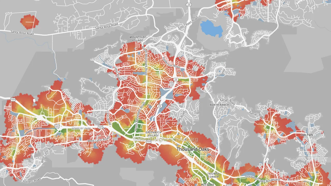 Walk Grade map of Thousand Oaks, CA, walkable areas in green and car-dependent areas in red
