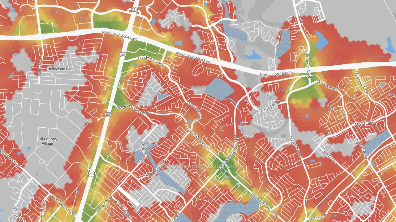 Walk Grade map of Thousand Oaks, San Antonio, TX, walkable areas in green and car-dependent areas in red