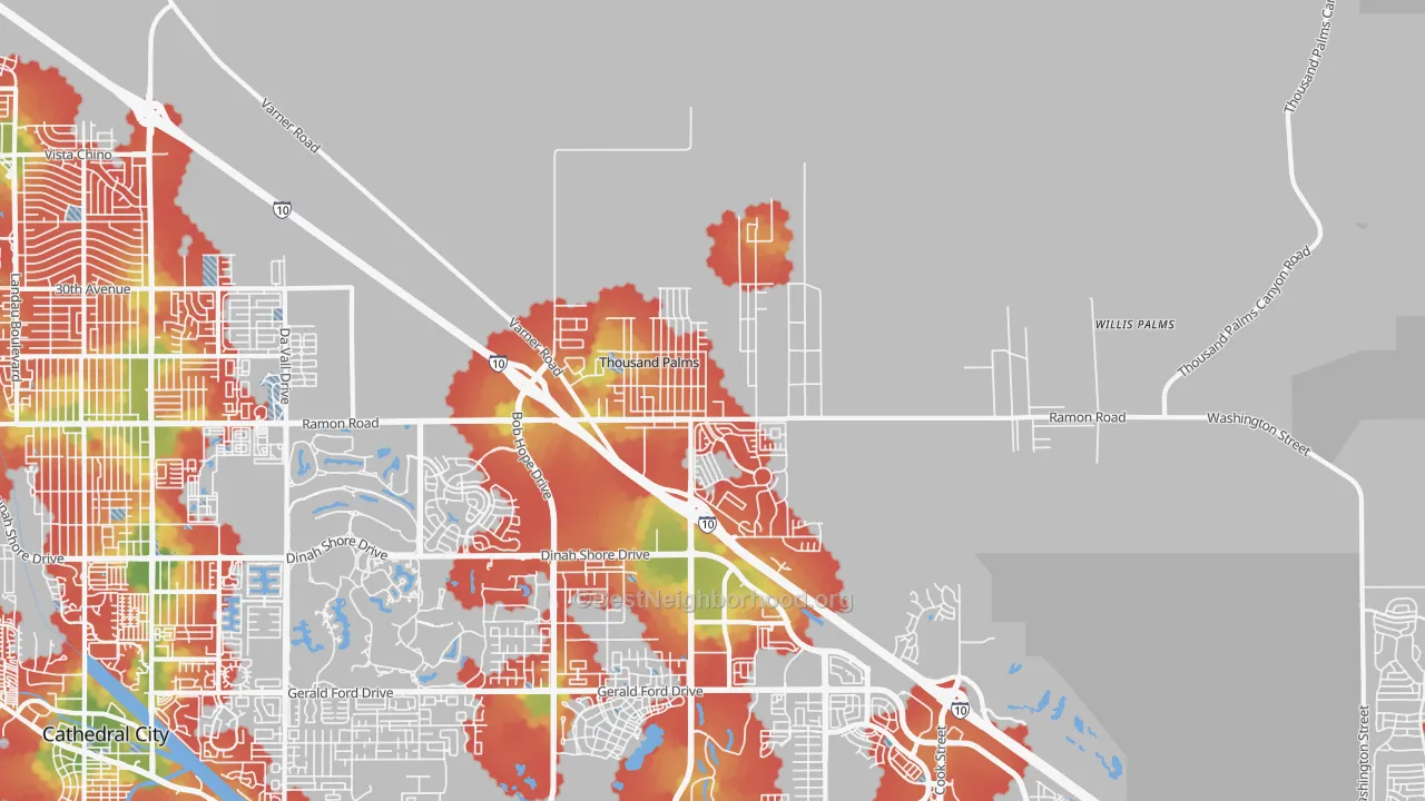 Walk Grade map of Thousand Palms, CA, walkable areas in green and car-dependent areas in red