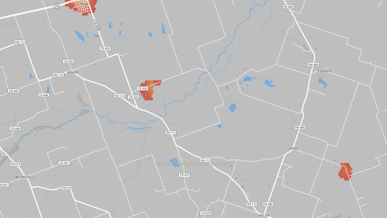 Walk Grade map of Thrall, TX, walkable areas in green and car-dependent areas in red