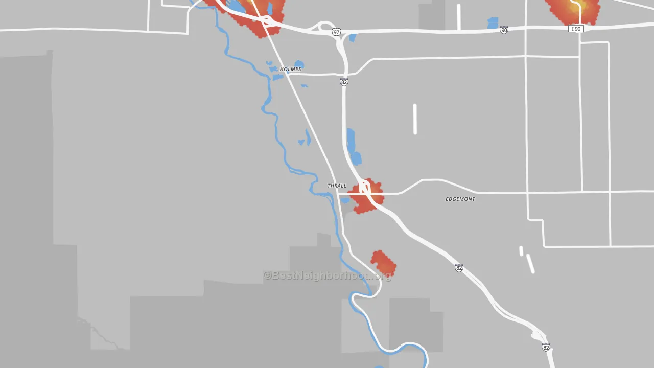 Walk Grade map of Thrall, WA, walkable areas in green and car-dependent areas in red