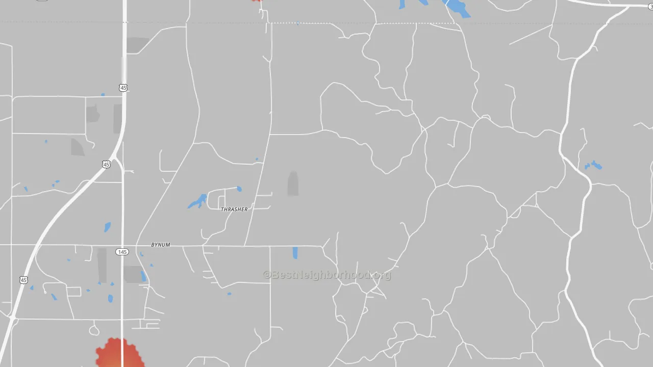Walk Grade map of Thrasher, MS, walkable areas in green and car-dependent areas in red